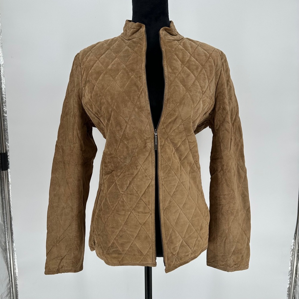 Y2K Ann Taylor 100% Suede Leather Jacket Tan Quilted Double Zip Mock‎ Collar Lrg
